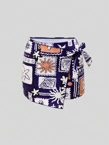 Swim Oasis 女士蓝白热带椰树印花连体泳衣，优雅休闲沙滩度假装 - 彩色 - 查看 5