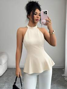 Elenzga Top de camisola de unicolor con cintura ceñida, decoración de hebilla de metal y espalda descubierta, adecuado para primavera y verano - Albaricoque - Ver 2
