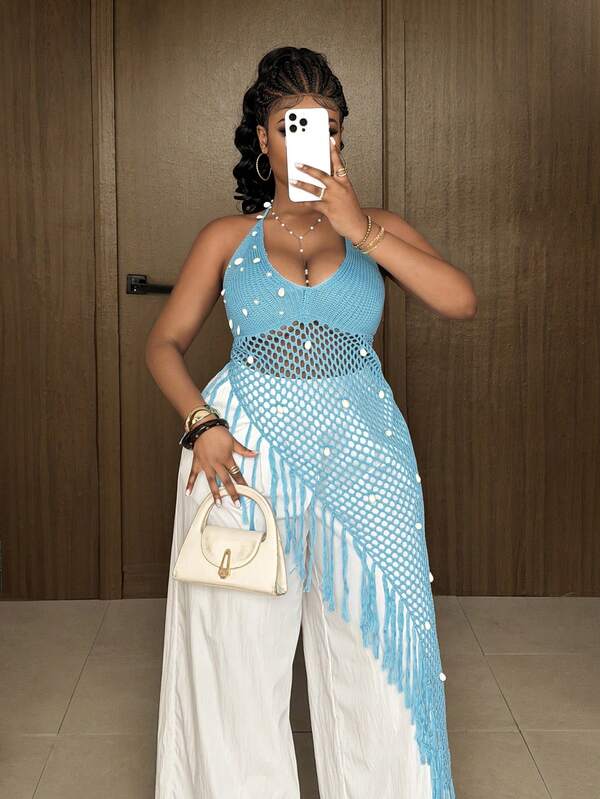 Maweii Vestido de playa de talla grande para mujer con estilo bohemio y casual, con escote en V profundo, tirantes con lazo, recortes y flecos asimétricos con decoración de perlas, adecuado para la playa, vacaciones, primavera/verano