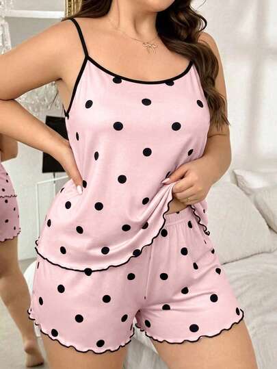 ZzzCrew Plus Size Women Polka Dot Print Camisole And Casual Shorts Pajama Set