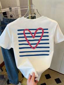 EMERY ROSE Women's White Loose Short Sleeve T-Shirt | Red And Blue Striped Retro Preppy Style With Heart Print On Back Ysk Clothes Daily Wear Casual Vacation Yk2k Tops Zaa Clothes - White - View 3