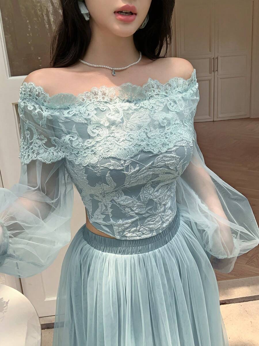 Modelyn 迷人蕾丝网纱露肩修身性感短款女式上衣