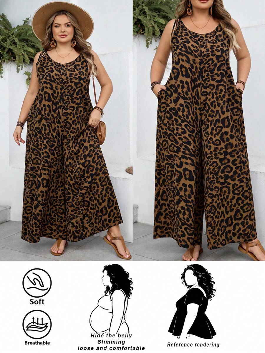 SHEIN CURVE+ Curve 尺码 US22 音乐节、海滨度假、波西米亚风女士豹纹抽绳宽松连体裤