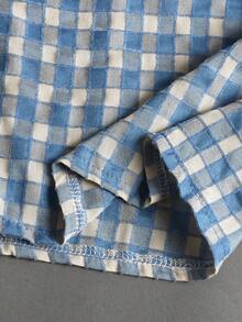 STYNVO 男士休闲格子单排扣短袖衬衫 - 藍色 - 查看 7