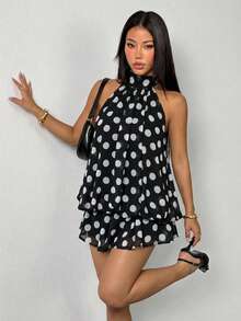 SHEIN PETITE 女款優雅米色掛脖綁帶迷你洋裝，夏季女裝，適合嬌小女性 - 黑色 - 查看 4