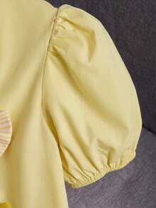 SHEIN Gaun A-Line Patchwork Garis-garis Tenun Warna Polos dengan Dekorasi Pita untuk Anak Perempuan Remaja, Cocok untuk Perjalanan, Liburan, Gaya Pedesaan, Resor Kasual, Bohemian - Kuning - View 10