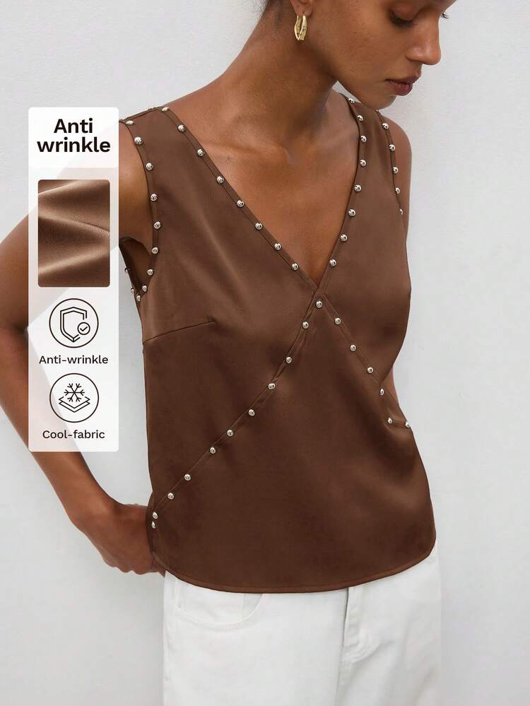 SHEIN Maija Satin Women's Tank Top With Pearl Decor, Urban Chic