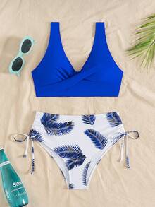 SHEIN Swim Traje de baño de dos piezas estampado, conjunto de ropa de playa de verano para mujeres - azul real - Ver 5