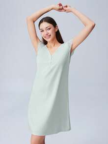 LUVLETTE Super Soft Green TENCEL™ Modal Lace Insert Short Sleeve Nightdress Airy Women Pajamas Dress Slip Dress,& Pyjamadressing,Spring And Summer - Green - View 6