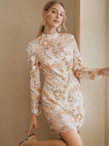 Anewsta Stand Collar Long Sleeve Luxury Sexy Embroidered Sequin Waist Cinched Dress Golf White Autumn - Gold - View 7