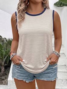 EMERY ROSE Women's Spring/Summer New Arrival Striped Print Pattern Contrast Trim Casual Versatile Plus Size Tank Top - Multicolor - View 5