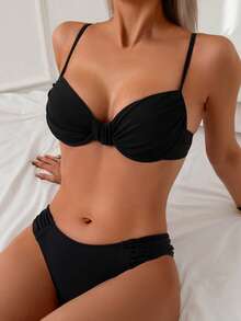 Swim SPRTY Conjunto de 2 piezas de ropa de playa para mujer para el verano - Top de bikini con aros con drapeado y Bottom de bikini, traje de baño sexy negro - Negro - Ver 2