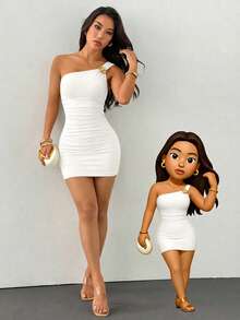 SHEIN PETITE Đầm lệch vai, cổ xếp ly, dáng đuôi cá, đính trâm cài màu vàng, thích hợp cho đám cưới mùa thu hoặc dự tiệc. - trắng - Xem 6