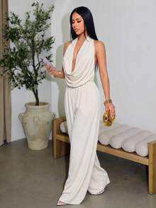 SOLERSUN 女士优雅度假风米色露背高领阔腿连体裤，带口袋，适合办公室和商务场合 - 杏色 - 查看 4