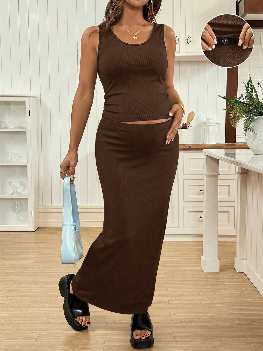 SHEIN Maternity Tank Top Paired With Adjustable Waist Slit Skirt, Solid Color Fitted 2 Pieces Set - Brown - View 1