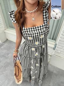 Serisse Women's Casual Plaid Daisy Embroidered Dress, Summer, Gigham Dress For Woman, Black And White Dress, Daisy DressWomen's Summer Cotton Gingham Floral Print Square Neck Ruffle Strap Tiered Maxi Dress Casual Vacation Country Style,Cottagecore Black And White Plaid Daisy Ruffle Strap Dress Women's Spring Summer Casual Beach Vacation Long Dress,Women's Casual Cotton Plaid Floral Dress Square Neck Ruffle Tiered Summer Sundress,Summer,Casual,Floral,Ruffle,Country,Black/White,Holiday Outfits For Women ,Summer Holiday Outfits ,Casual Suit, Suitable For Everyday Wear. - Black and White - View 12