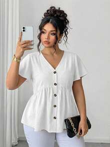 Elenzga Plus Size V-Neck Front Button Casual Bamboo Knot Blouse - White - View 1