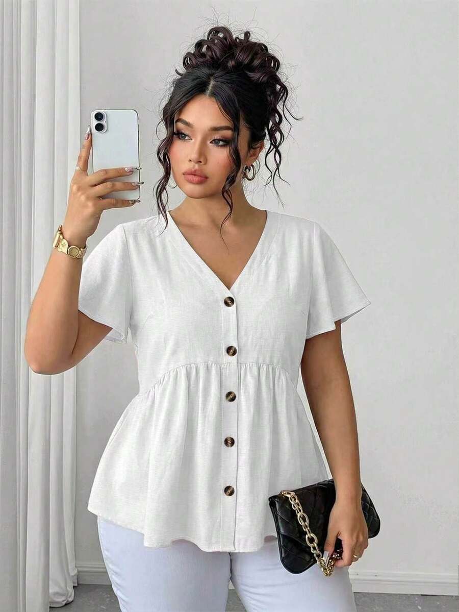 Elenzga Plus Size V-Neck Front Button Casual Bamboo Knot Blouse - White - View 1