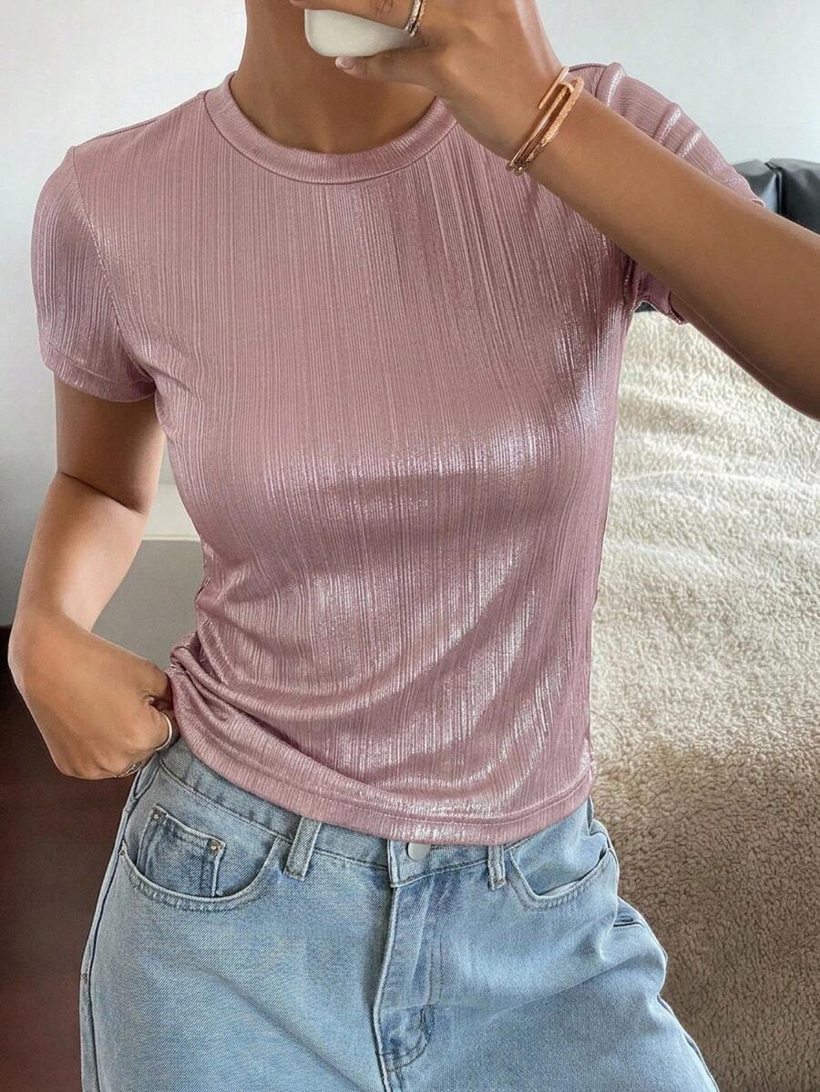 Women's Striped Short Sleeve Fitted T-Shirt - Pink - View 1