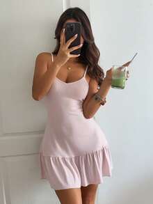 DAZY Robe camisole à volants de couleur unie confortable, vêtement d'intérieur d'été pour femmes - Rose bonbon - Voir 7