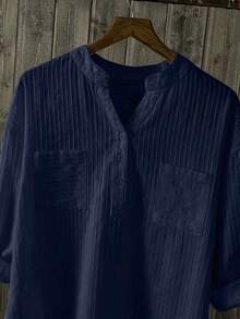 EMERY ROSE Plus Size Solid Color Notched Collar Button Pocket Casual Roll-Up Sleeve Shirt Fall - Navy Blue - View 3