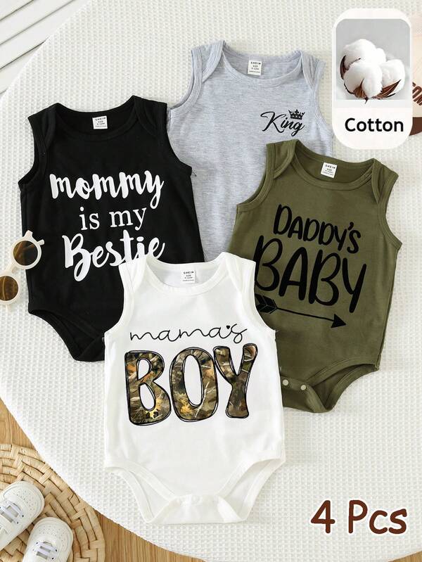 SHEIN Bộ áo liền quần không tay in khẩu hiệu dễ thương cho bé sơ sinh trai/gái, chất liệu mềm mại, dễ mặc, thích hợp cho mùa xuân/hè.