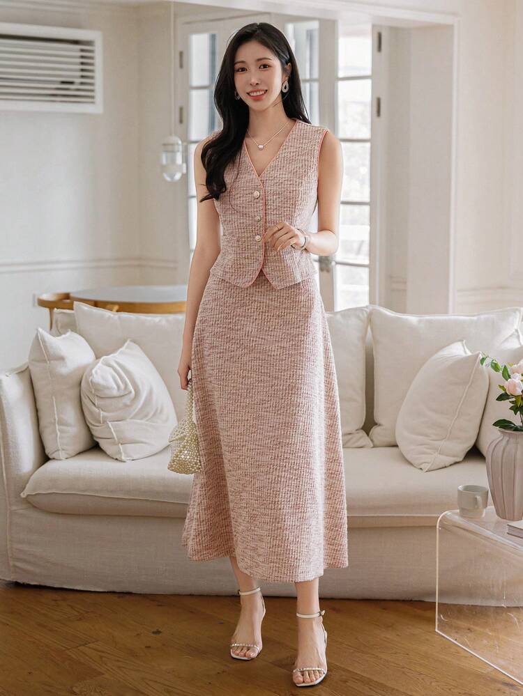 Women's Elegant Single-Breasted Vest And Long Skirt 2 Pieces Set, Spring & Summer