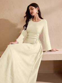 Graceveil Round Neck Solid Color Drawstring Tie Waist Dress - Apricot - View 8