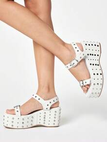ROMWE Grunge Punk Ladies, Spike Buckles, Lame-Heeled Platform Sandals. Summer Shoes - White - View 4