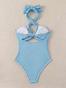 Swim Mod Áo tắm liền thân buộc dây cổ, màu trơn, xếp ly, dành cho nữ, thích hợp cho kỳ nghỉ biển, tiệc bể bơi, tiệc bãi biển. - Màu xanh lam - Xem 5