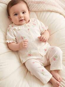 Baby Girl Apricot Simple Purple Floral Printed Short Sleeve Top And Wide Leg Pants Casual Loose Homewear Set - Apricot - View 5