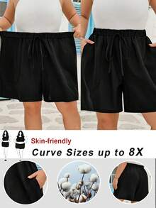 SHEIN CURVE+ Plus Size Black Comfortable Casual Shorts - Black - View 13