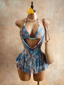BamGleam Đầm yếm in họa tiết mùa hè, váy ngắn hở lưng gợi cảm cho tiệc bãi biển. - Nhiều màu - Xem 5