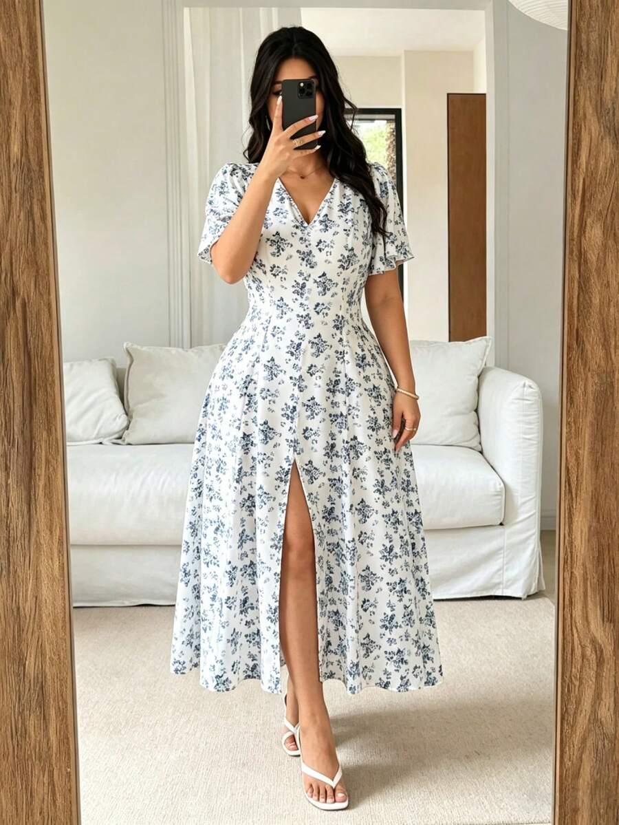 Elenzga Elegant Plus Size Blue Floral Print Woven Fabric V Neck Half Puff Sleeve Long Dress With Zipper Details And Slit For Women - Blue - View 1