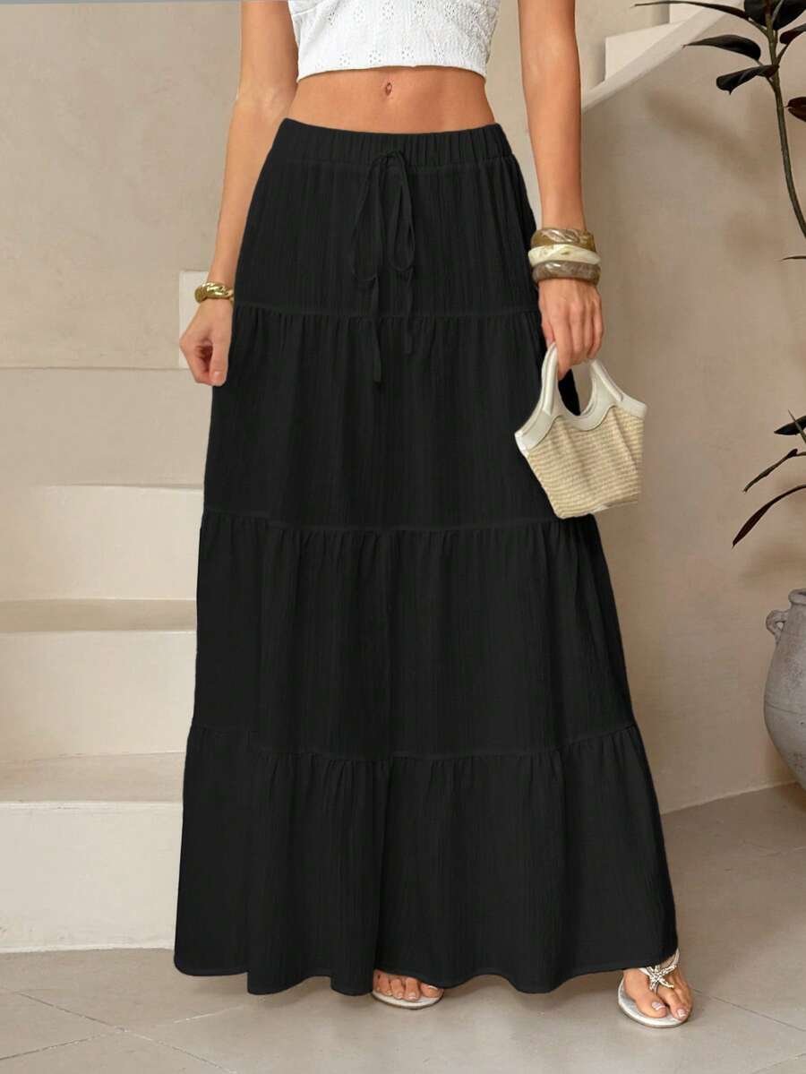 SHEIN Tall Chân váy xếp tầng nhiều lớp kiểu bánh kem dành cho nữ, thích hợp cho mùa hè, chân váy trắng nhiều tầng dài, chân váy trắng có dây rút, chân váy mùa hè thanh lịch. - màu đen - Xem 1