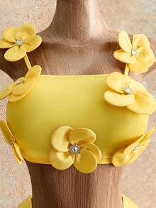 Mistrie Summer New Lemon Yellow 3D Floral Decor Spaghetti Strap Top & Asymmetrical Ruffle Hem Split Skirt 2-Piece Outfit,Casual Holiday Vacation Set  Party - Yellow - View 5