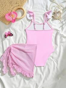 SHEIN Vintaside Kids Bộ đồ liền thân 2 mảnh cho bé gái, màu hồng họa tiết hoa 3D, tay ngắn, kiểu tạp dề, dễ thương và thanh lịch, thích hợp mặc ngoài trời, mùa hè, chất liệu mềm mại và thoải mái, xu hướng thời trang mới Xuân/Hè 2026, SS26, đồ cần thiết cho kỳ nghỉ, du lịch, trang phục mùa hè cho trẻ em. - Hồng - Xem 2