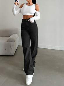 SHEIN Cottnline بنطلون جينز قطني 100% بخصر عالي وساق مستقيمة مقاس كبير رسمي للعطلات غسيل داكن شتوي كاجوال تقليدي - الأسود - مشاهدة 7