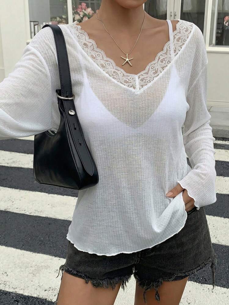 Women's Loose Fit Deep V-Neck Long Sleeve Sheer Casual Top, Urban Street Style T-Shirt For Summer