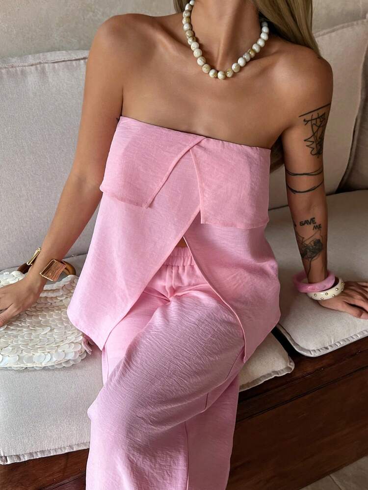 Women's Pink Bandeau Top, Women's Loose Palazzo Pants, Vacation Style Casual 2 Pieces Set, Spring/Summer Lounge Sets For Women