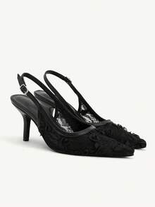 CUCCOO CHICEST Spring And Autumn New Product Black Thin Heel Pointed Mesh Lace Fashion Women's High Heel Shoes - Black - View 2