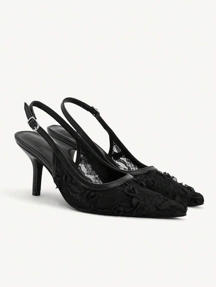 CUCCOO CHICEST Spring And Autumn New Product Black Thin Heel Pointed Mesh Lace Fashion Women's High Heel Shoes
