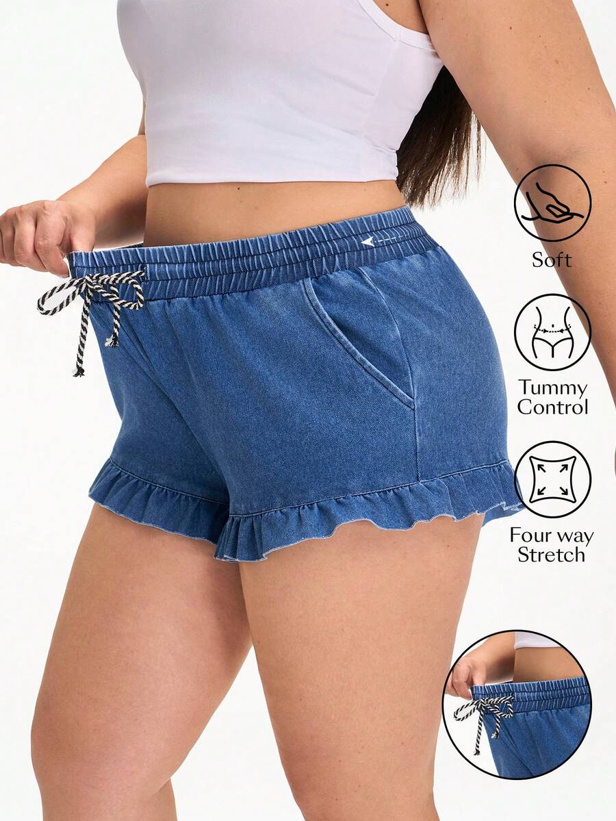 Flexra Shorts vaqueros con volantes de talla grande para el verano - Azul - Ver 1