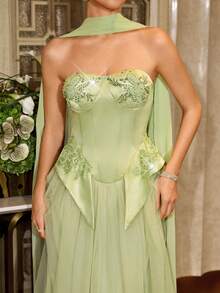 Poshira Women's Strapless Sequin & Faux Pearl Floral Pattern Elegant Luxurious Ball Gown Dress - Green - View 6