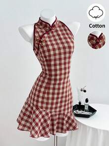 Elamini 红色格子撞色手工纽扣领短袖荷叶边迷你连衣裙，新款中国风复古甜美可爱通勤浪漫简约百搭日常女装，夏季 - 紅色 - 查看 3