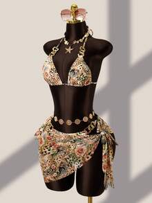 Zestiva 女士三件套泳衣，包含花卉、豹纹印花、链条系带露脐上衣和迷你裙，性感沙滩度假装 - 彩色 - 查看 5