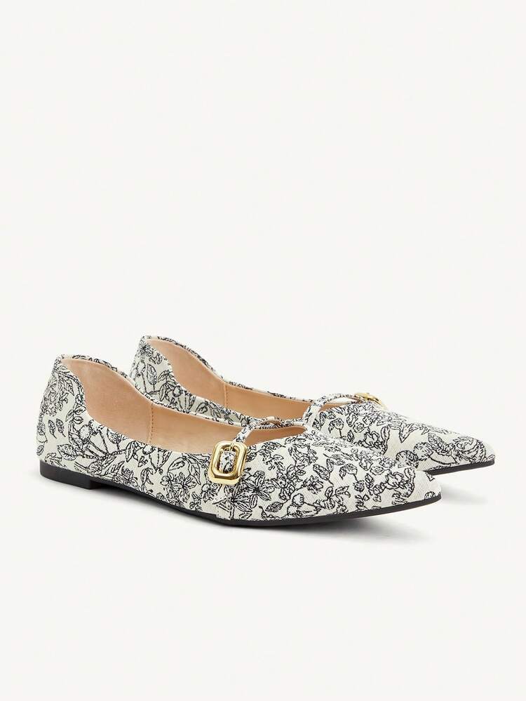 CUCCOO CHICEST Pointed Toe Ditsy Floral Slip-On Flat Shoes With Buckle Strap, Commuting Style