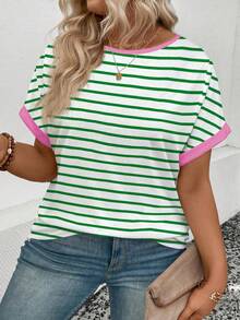EMERY ROSE Camiseta de manga corta con cuello redondo y estampado de rayas, de talla grande, casual y versátil para primavera/verano - Multicolor - Ver 5