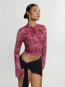 SHEIN ICON Áo kiểu nữ cổ điển chất liệu lưới, chất liệu nhung, cổ khoét, tay loe. - Hồng - Xem 4