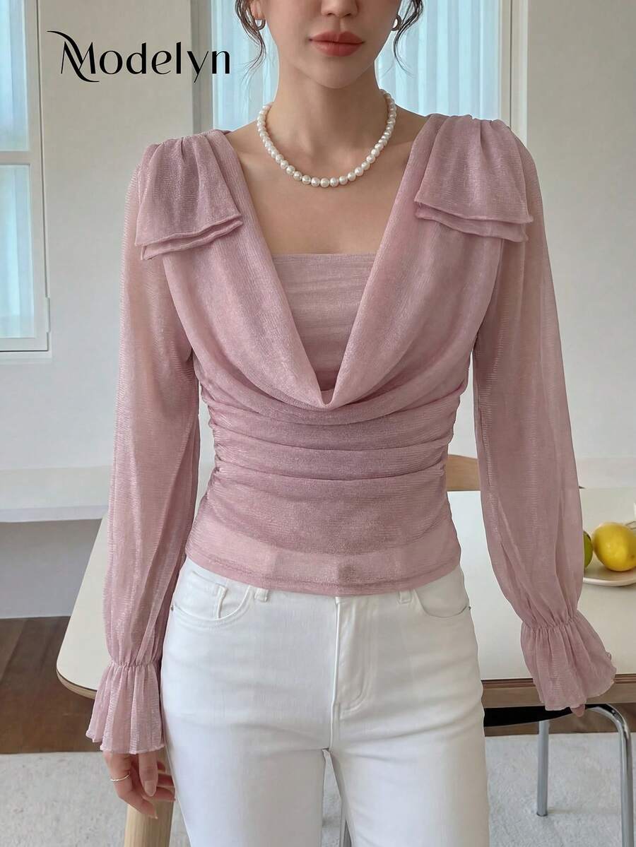 Modelyn Women's Elegant Commuter Shiny Draped Neck Cinched Waist Blouse,Pink Top